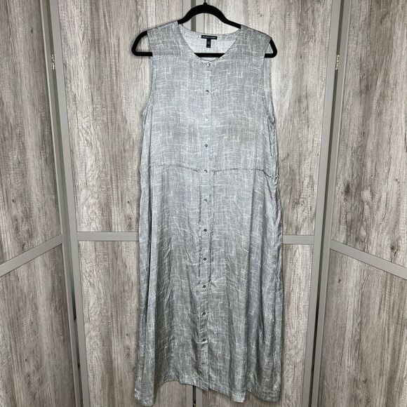 Eileen Fisher Midi Dress Size M Shirred Waist Button Down Silk Cotton Gray - Picture 1 of 6